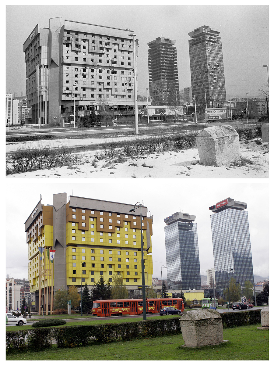 Combo photographs show Sarajevo’s Holiday Inn hotel and Unis towers on the infamous street nicknamed “Sniper’s Alley” damaged by Bosnian Serb shelling in 1992, top, and restored in a photograph made on November 17, 2005