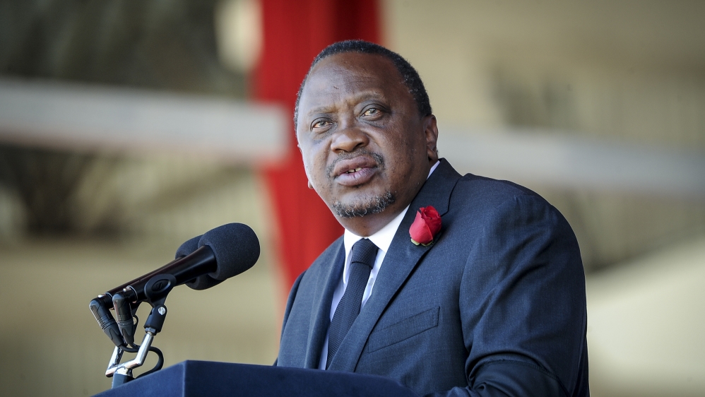 Kenya's President Uhuru Kenyatta speaks during the state funeral of Kenya's former president Daniel arap Moi, at Nyayo Stadium in the capital Nairobi, Kenya Tuesday, Feb. 11, 2020. Daniel arap Moi, a 