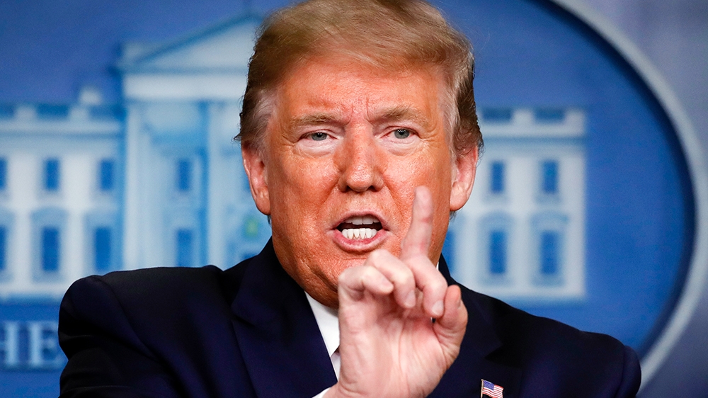 President Donald Trump speaks about the coronavirus in the James Brady Press Briefing Room at the White House, Monday, April 13, 2020, in Washington. (AP Photo/Alex Brandon)