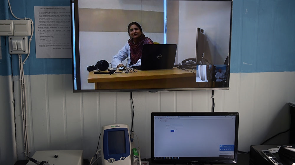 Pakistani doctor Nadia Rasheed discusses telemedicine on skype at an online treatment centre run by the government of Khyber Pakhtunkhwa in the remote Behali area in Mansehra district