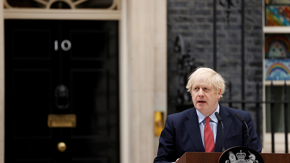Britain's Prime Minister Boris Johnson speaks outside 10 Downing Street after recovering from the coronavirus disease (COVID-19), London, Britain, April 27, 2020. REUTERS/John Sibley