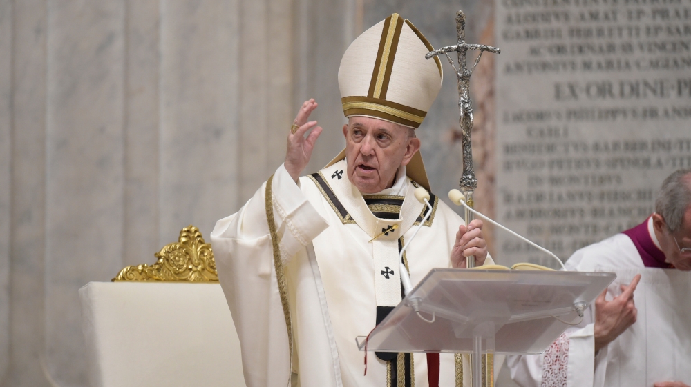 Pope Francis leads an Easter vigil service with no public participation due to the coronavirus (COVID-19) outbreak, in Vatican
