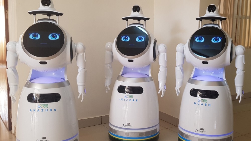 High-tech robots developed by Zora Bots, a Belgium-based company, are seen during a demonstration at the Kanyinya treatment centre that treats coronavirus disease (COVID-19) patients, in Kigali, Rwanda