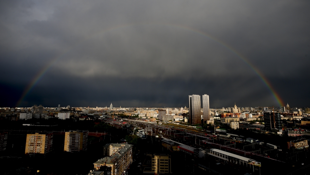 Rainbow appears in Russia’s capital Moscow after the heavy rain