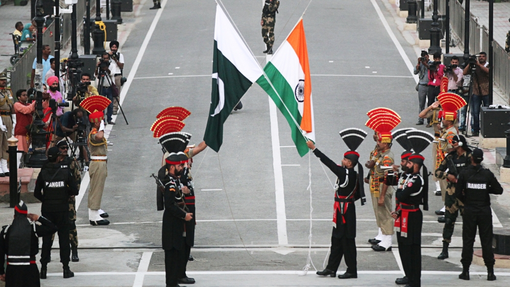 Pakistani Rangers and Indian Border Security Force officers at Wagah border, near Lahore
