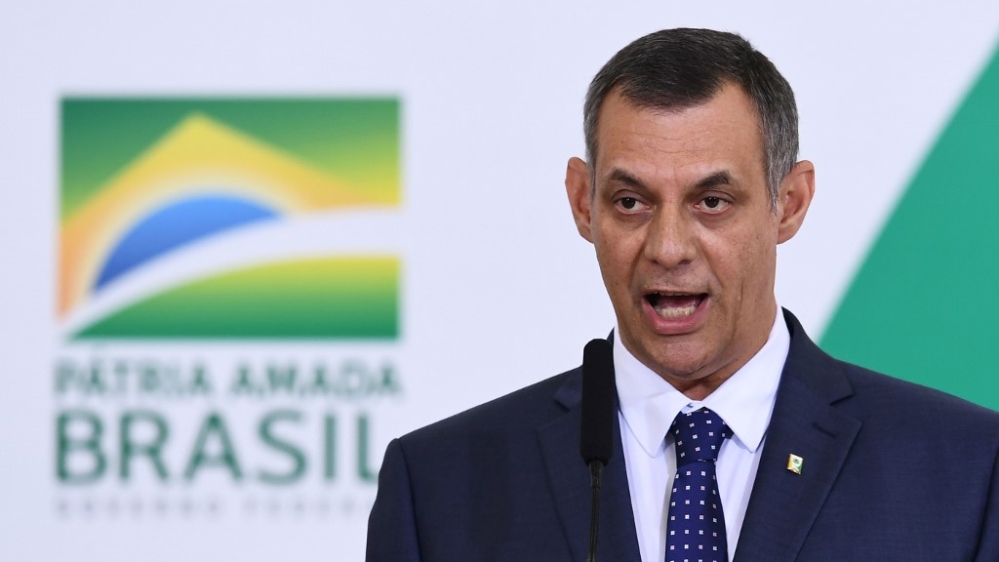 In this file photo taken on April 11, 2019, Otavio Rego Barros, presidential spokesman speaks during a ceremony marking the first 100 days of Brazilian President Jair Bolsonaro’s government at Planalto Palace in Brasilia. He has tested positive for the coronavirus