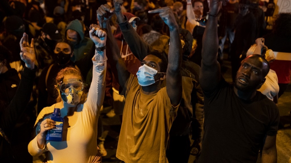 A group of protesters rally around the Fifth Police Precinct on May 29, 2020 in Minneapolis, Minnesota