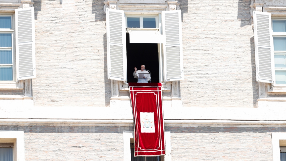 Pope Francis leads the Regina Coeli prayer from his window for the first time in three months in the newly reopened St Peter’s Square