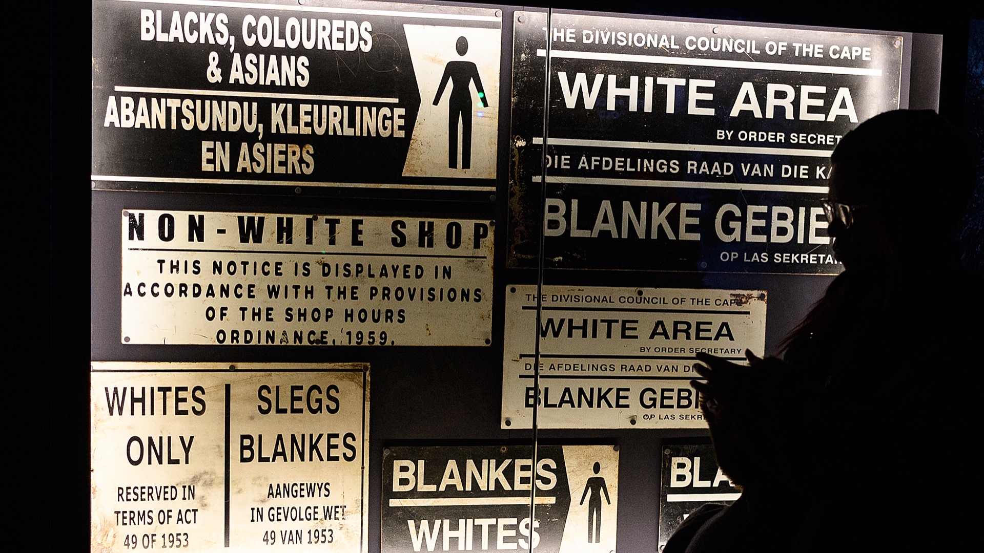 A selection of public signs from the apartheid era on display at an exhibition