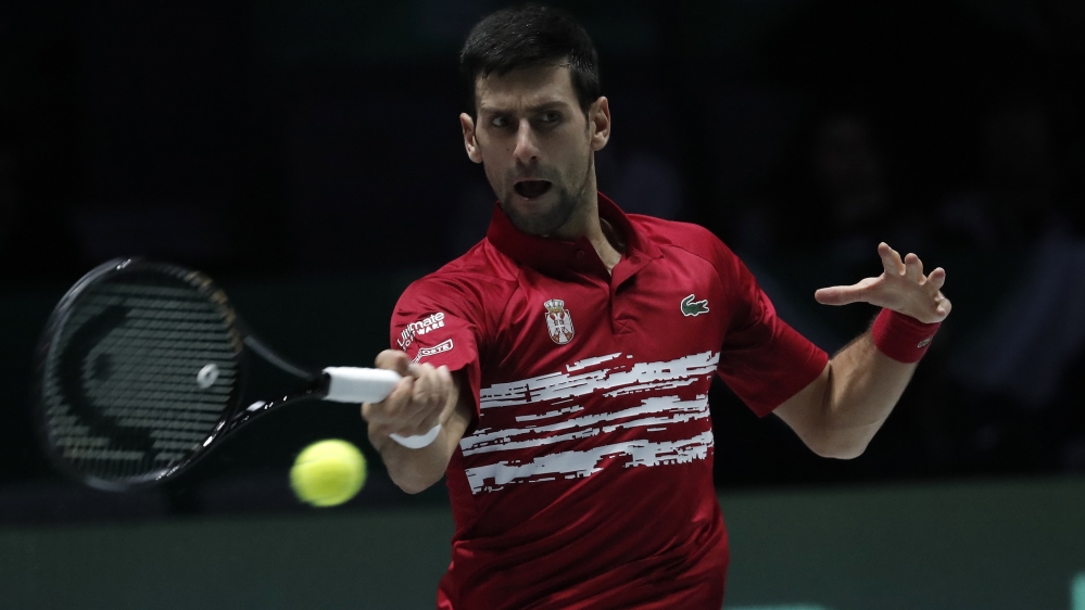 Novak Djokovic in action during his quarter final singles match against Karen Khachanov