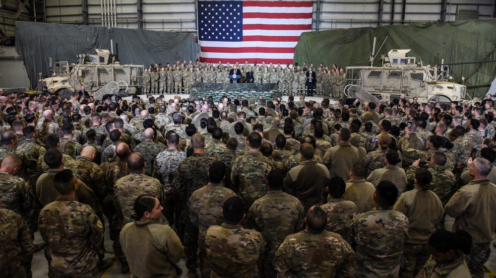 US President Donald Trump speaks to the troops during a surprise Thanksgiving day visit at Bagram Air Field, on November 28, 2019 in Afghanistan. Olivier Douliery / AFP