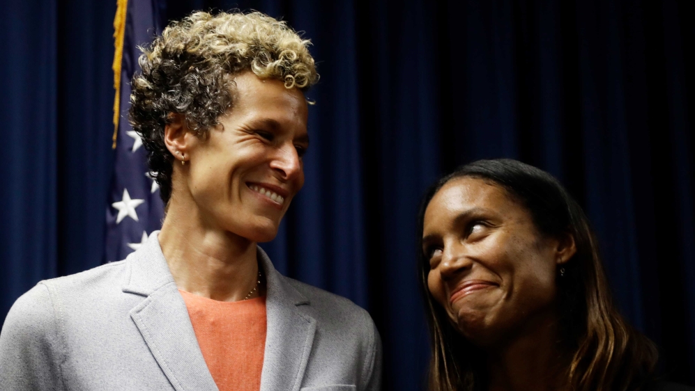 Accuser Andrea Constand, left at a news conference with prosecutor Kristen Feden after Bill Cosby was sentenced to three to 10 years for sexual assault, in Norristown, Pa