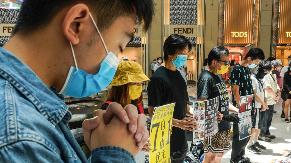Protesters gather at a shopping mall in Central during a pro-democracy protest against Beijing''s national security law in Hong Kong, Tuesday, June 30, 2020. Hong Kong media are reporting that China ha