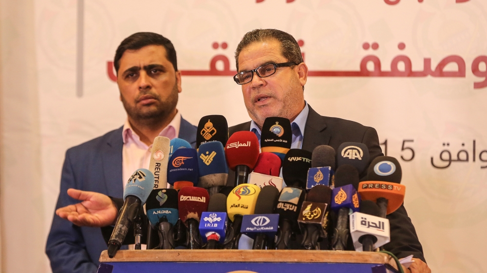 One of the leaders of the Hamas Movement Salah Al-Berdevil- - GAZA CITY, GAZA - JUNE 15: One of the leaders of the Hamas Movement Salah Al-Berdevil (R) makes a speech as he holds a press conference in
