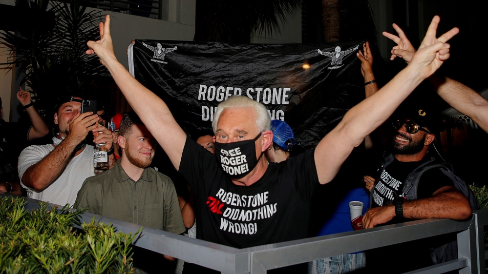 Roger Stone reacts after Trump commuted his federal prison sentence in Fort Lauderdale