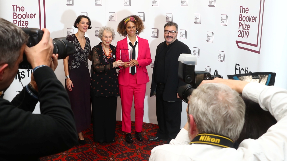Margaret Atwood poses with Bernardine Evaristo after jointly winning the Booker Prize for Fiction 2019 at the Guildhall in London, Britain