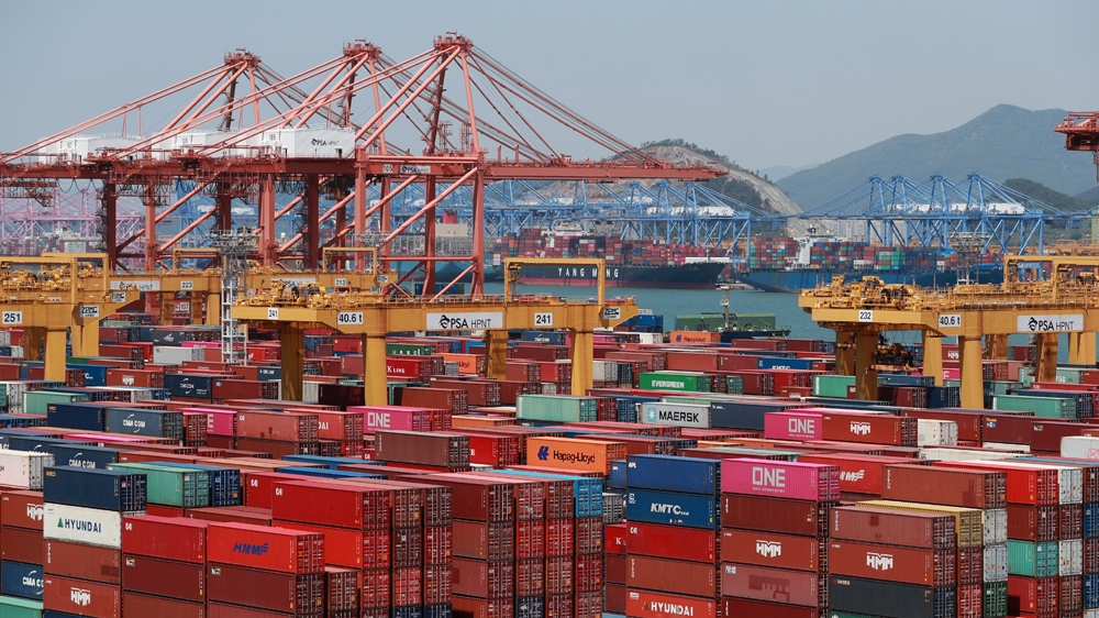 Containers at the port of Busan in South Korea on May 13, 2020