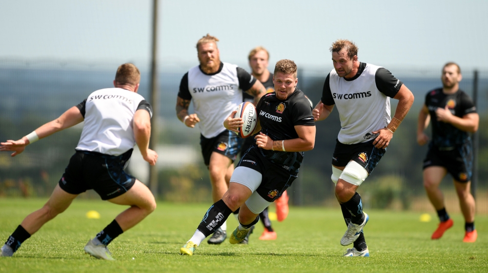James Kenny of Exeter Chiefs breaks with the ball during an Exeter Chiefs Training Session at Sandy Park in Exeter, England