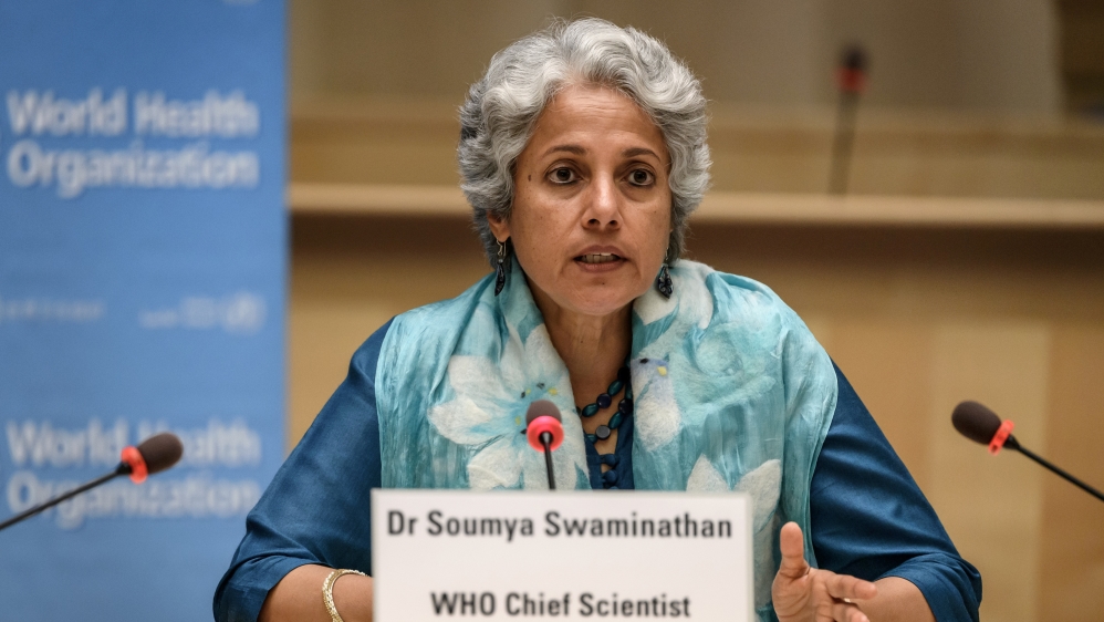 World Health Organization (WHO) Chief Scientist Soumya Swaminathan attends a news conference in Geneva