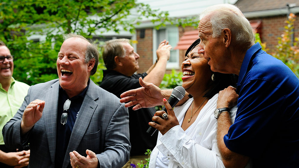 Detroit City Council President Brenda Jones, who is challenging Rashida Tlaib, is embraced by former Vice President and Democratic presidential contender Joe Biden in Detroit