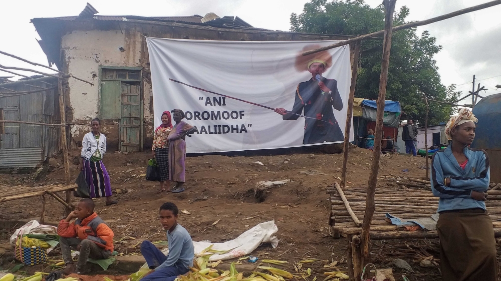 The poster of the slain Ethiopian political singer Haacaaluu Hundeessaa