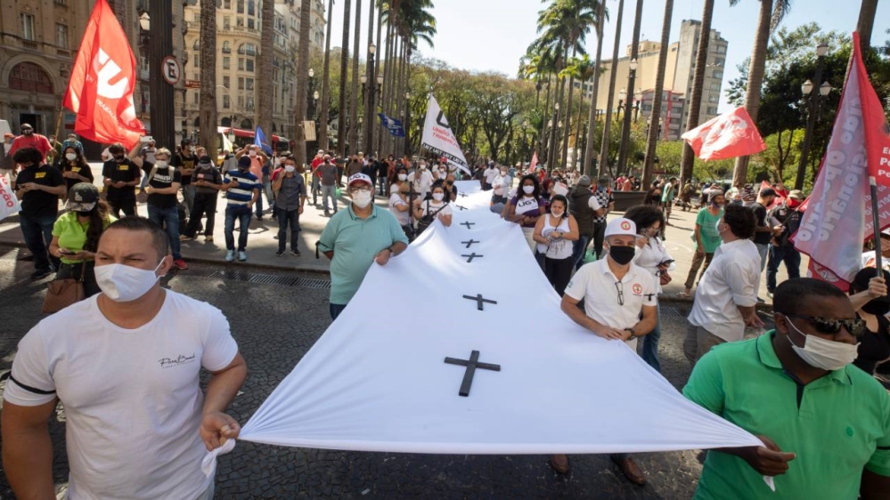 Demonstrators in Sao Paulo protest against Brazil’s President Jair Bolsonaro and his handling of the coronavirus pandemic last Friday