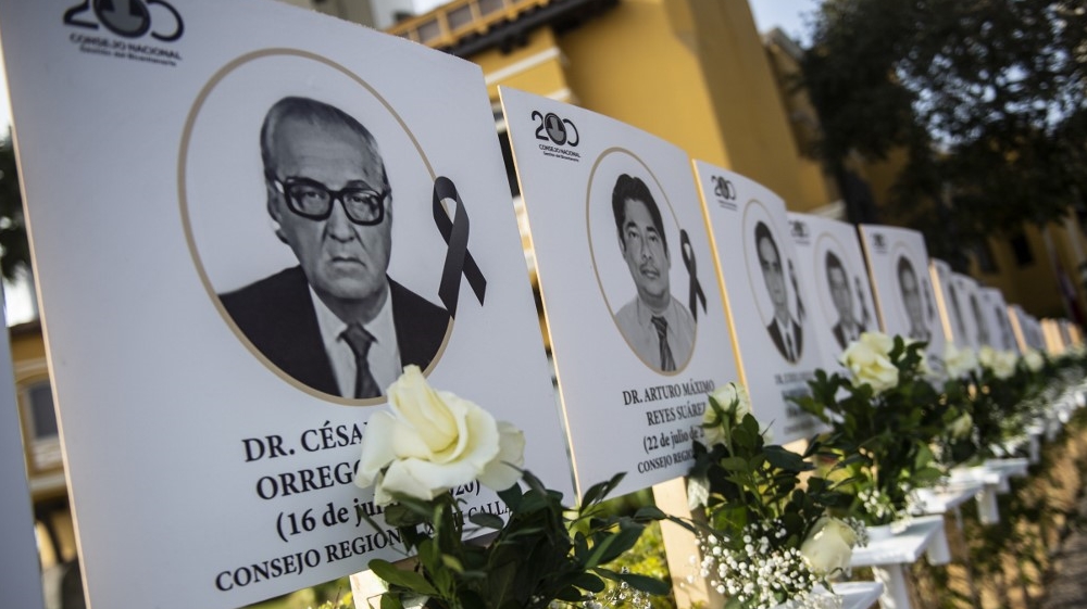 Images of the 125 doctors who have died during the COVID-19 pandemic in Peru are displayed outside Peru’s Medical College (CMP) in Lima on August 13, 2020