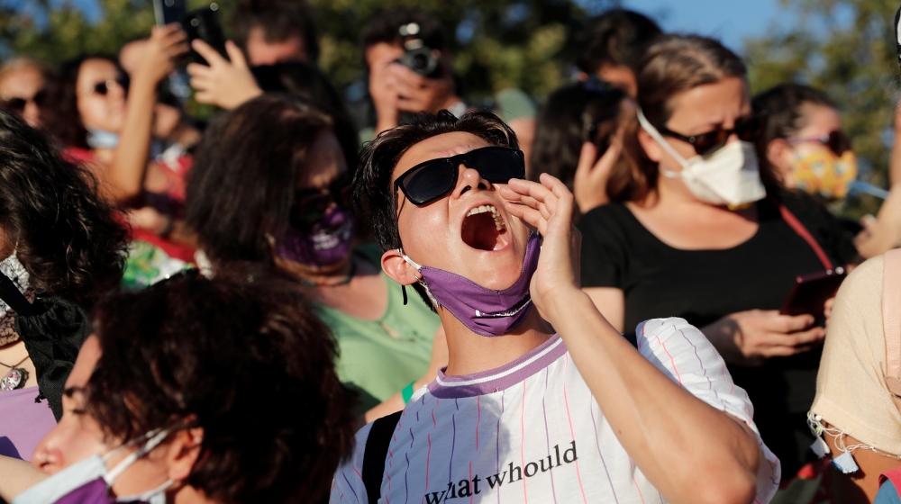 Demonstrators shout slogans during a protest against femicide and domestic violence, in Istanbul, Turkey August 5, 2020. The ruling AK Party is considering to withdraw from the Council of Europe's Ist