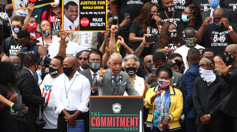 Reverend Al Sharpton addresses the “Get Your Knee Off Our Necks” Commitment March on Washington 2020 on the spot where Reverend Martin Luther King Jr delivered his “I Have a Dream” speech 57 years ago today in Washington, US