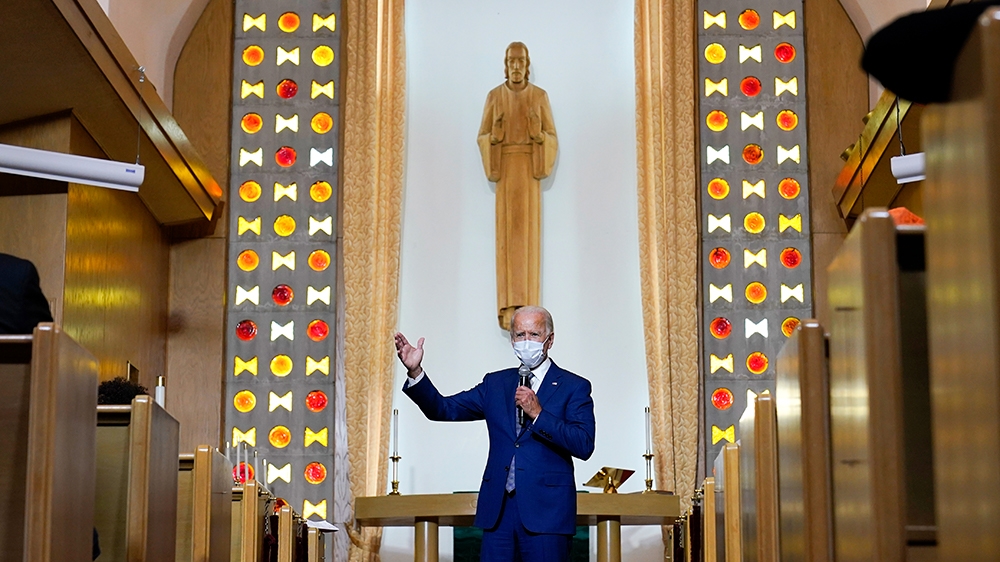 Democratic presidential candidate former Vice President Joe Biden speaks as he meets with members of the community at Grace Lutheran Church in Kenosha, Wis., Thursday, Sept. 3, 2020. (AP Photo/Carolyn