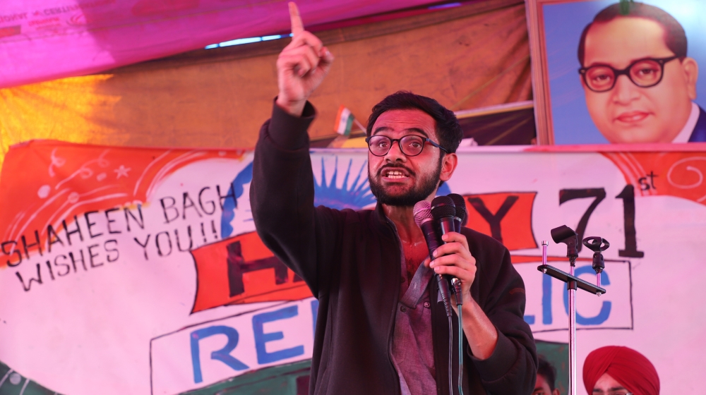 JNU former student and social activist Umar Khalid speaks at Shaheen Bagh during a protest against the Citizenship Amendment Act and NRC in New Delhi, India on 26 January 2020 (Photo by Nasir Kachroo/
