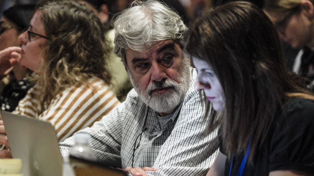 Dimitris Psarras at the Golden Dawn trial, which could place the party's leaders behind bars, on November 6, 2019 [Nick Paleologos/Al Jazeera]