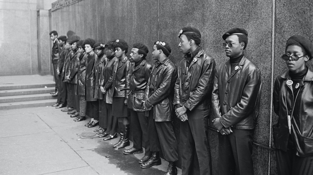 Black Panther Party members demonstrate outside the New York City court on April 11, 1969