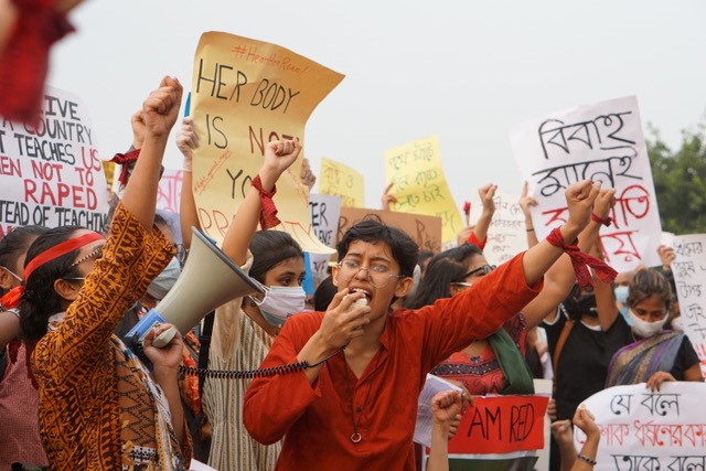 Umama Zillur delivers a speech against rape culture during a protest [Photo courtesy of Umama Zillur]