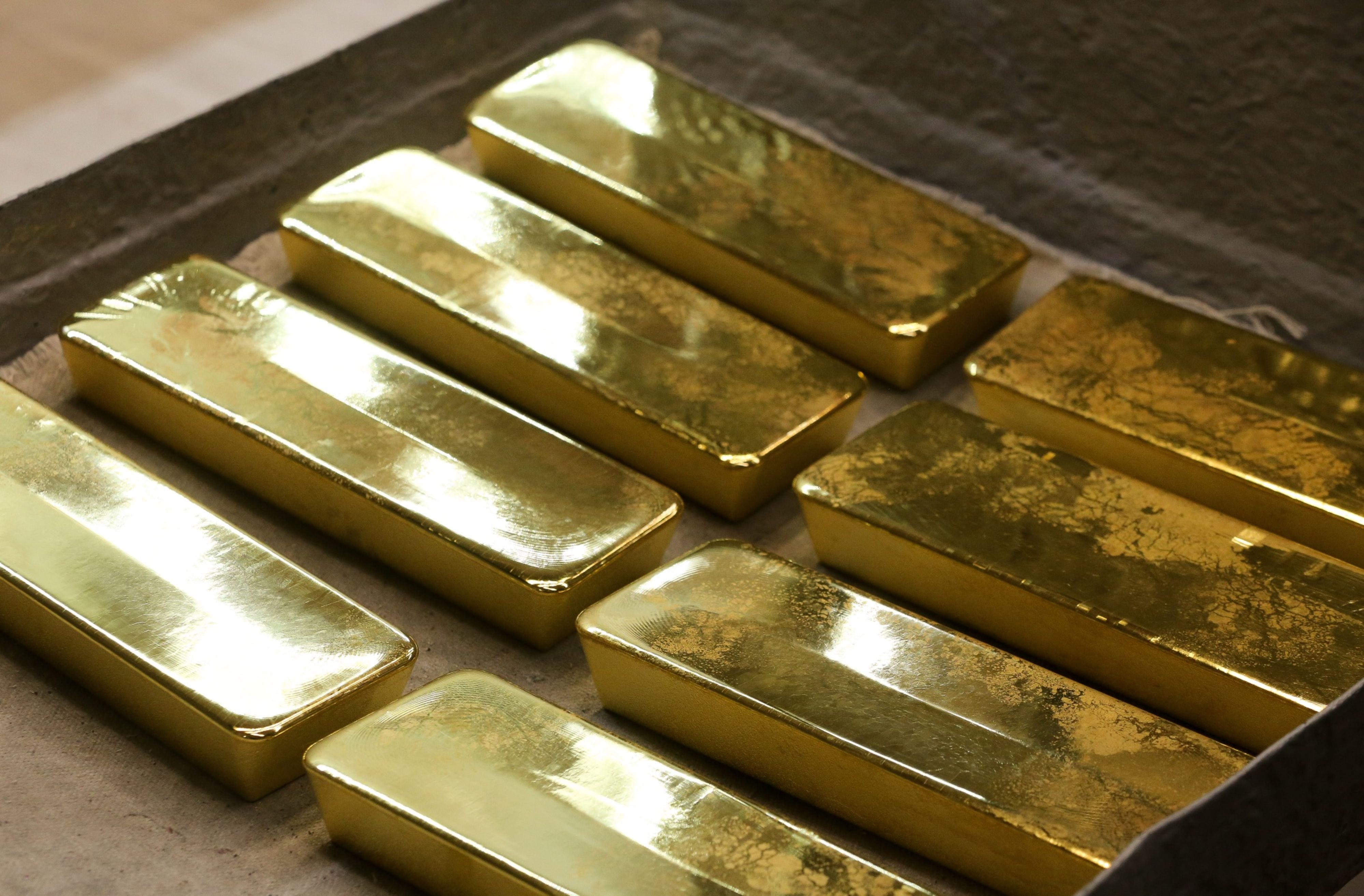 Freshly cast gold ingot bars
