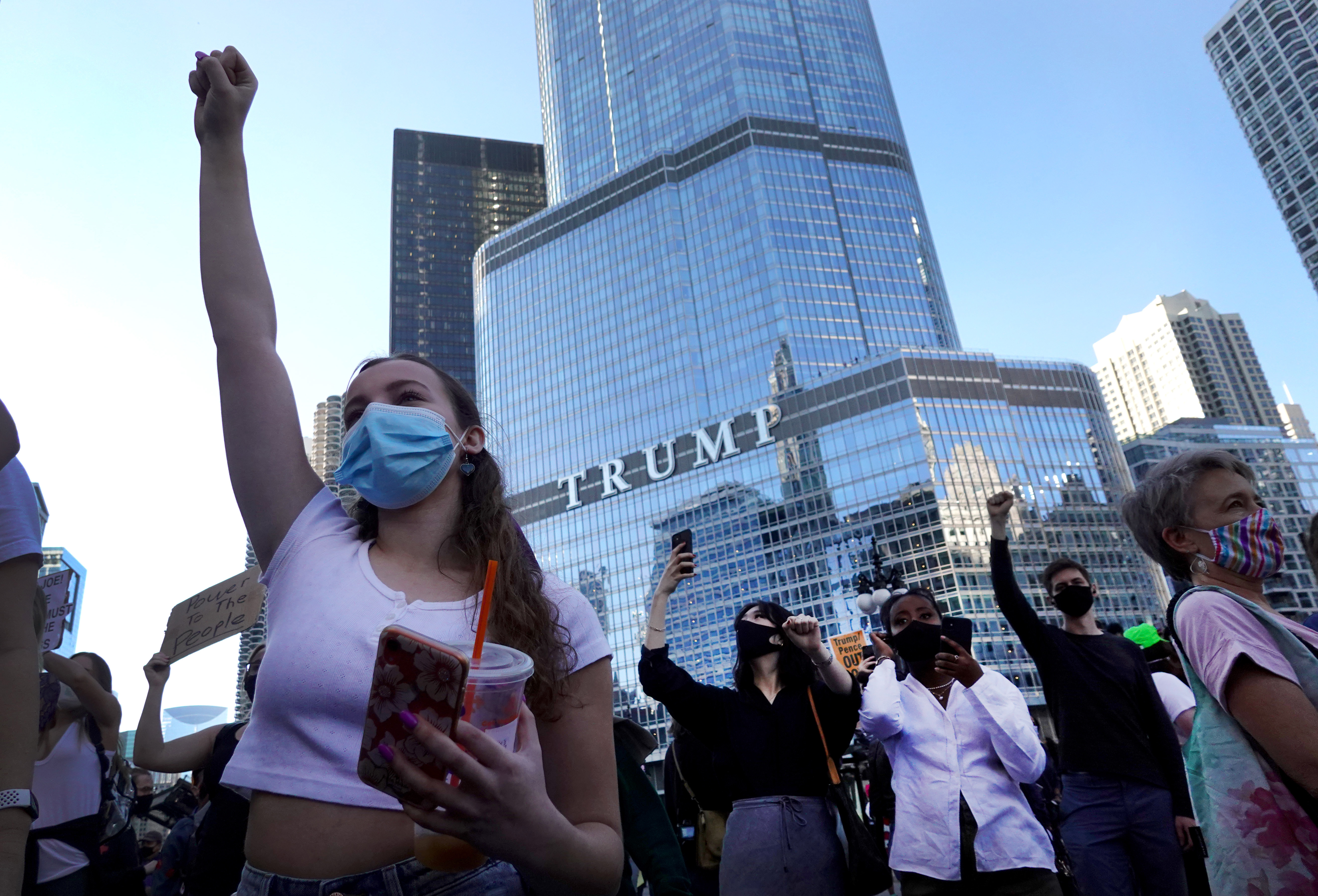 Supporters of Democratic presidential nominee Joe Biden celebrate downtown near Trump Tower in Chicago, Illinois