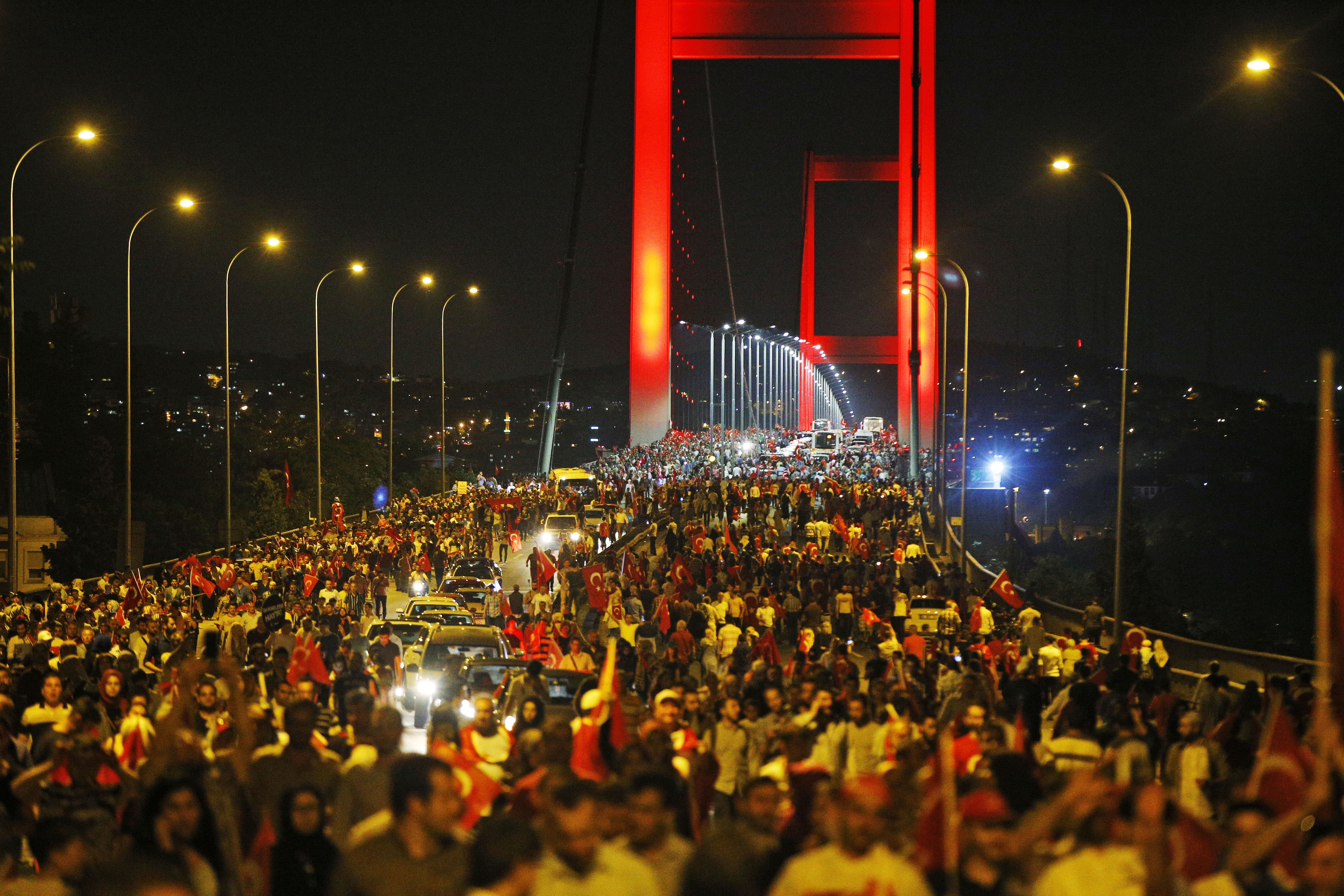 people protest against coup attempt on Bosporus bridge