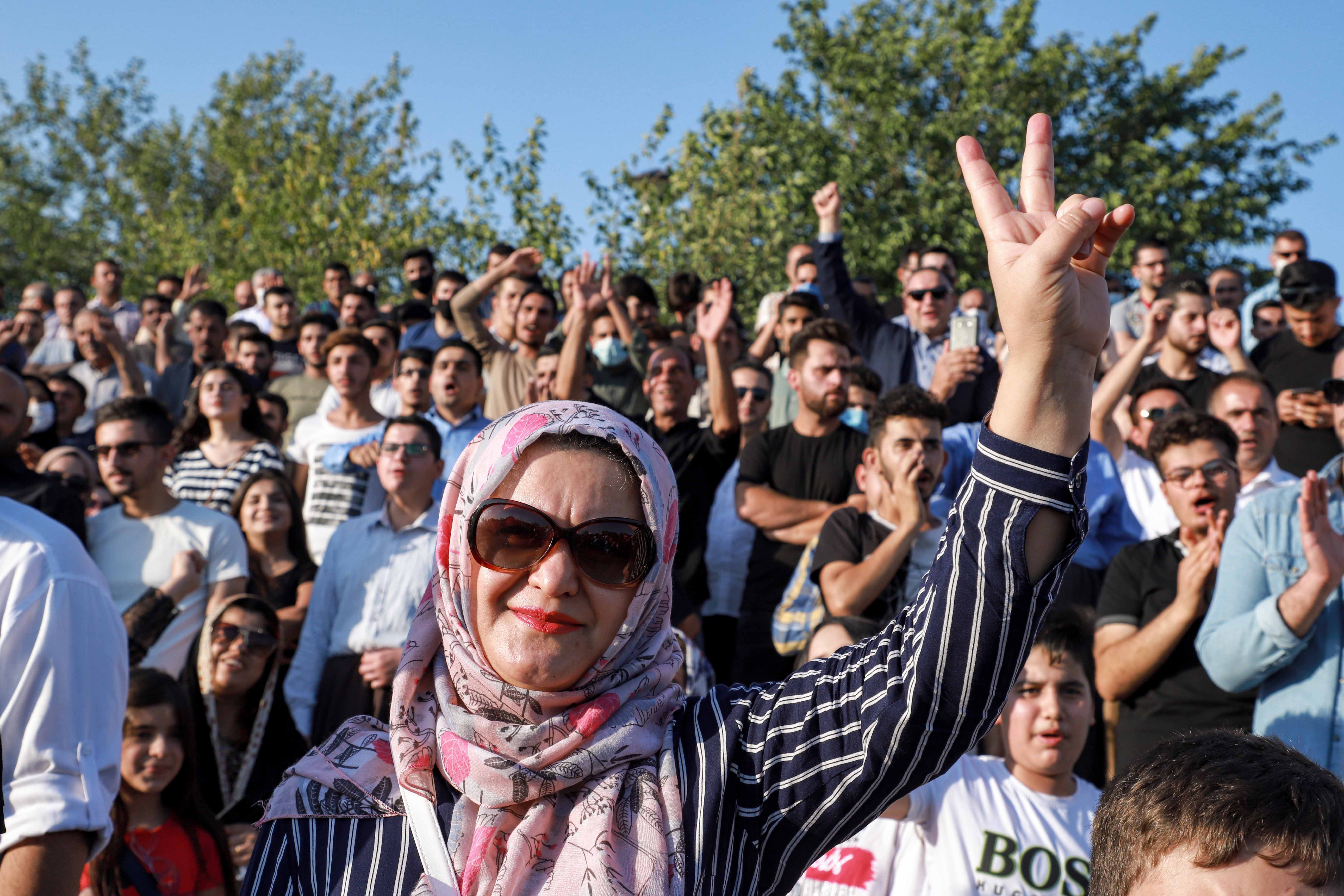 Protesters gesture during a demonstration at the Azadi (Freedom) Park in the centre of Sulaymaniyah in Iraq's autonomous Kurdish region on August 22, 2020, [File: AFP/Shwan Mohammed]
