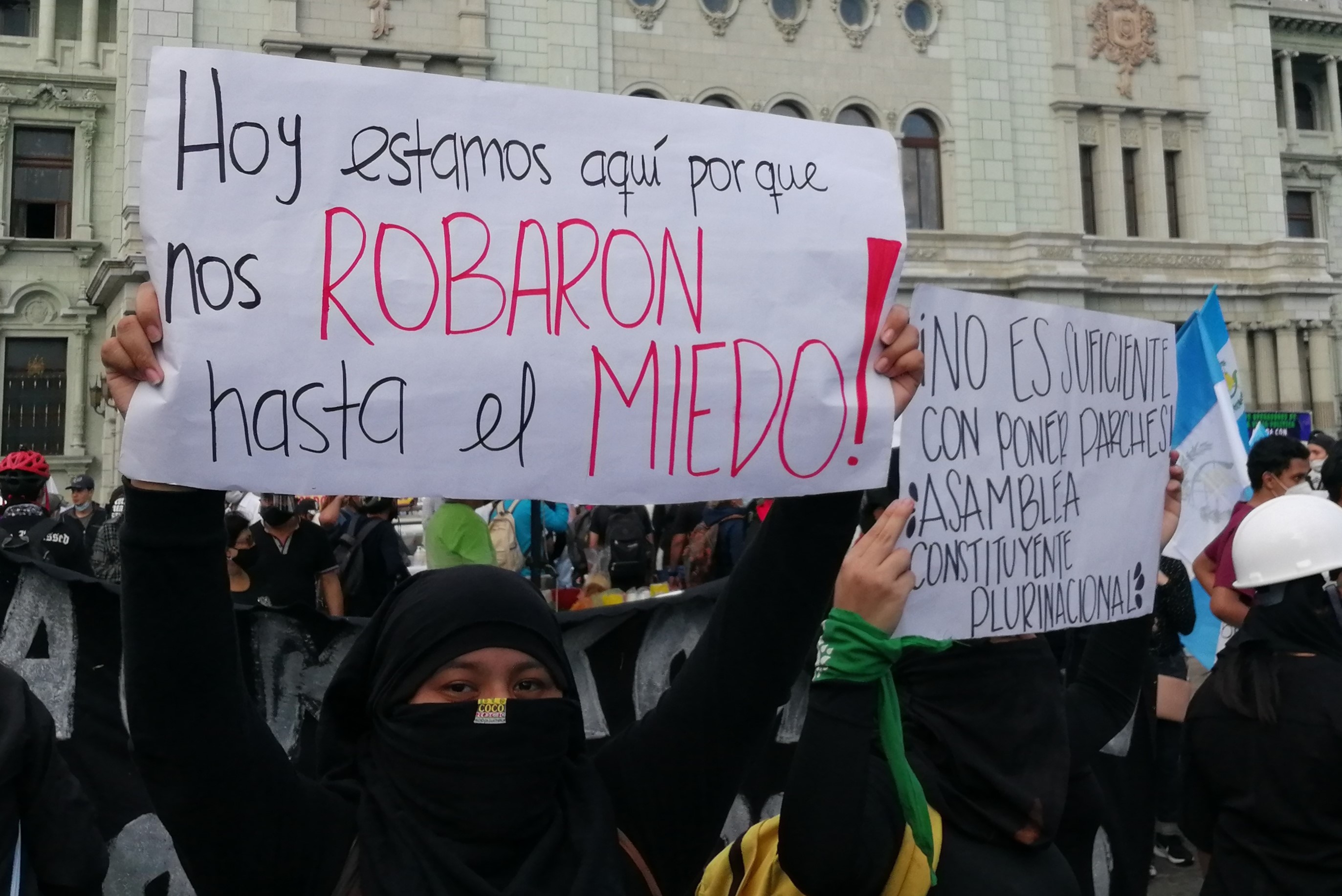 Young women call for a pluri-national constitutional assembly during a recent protest in Guatemala City’s central plaza