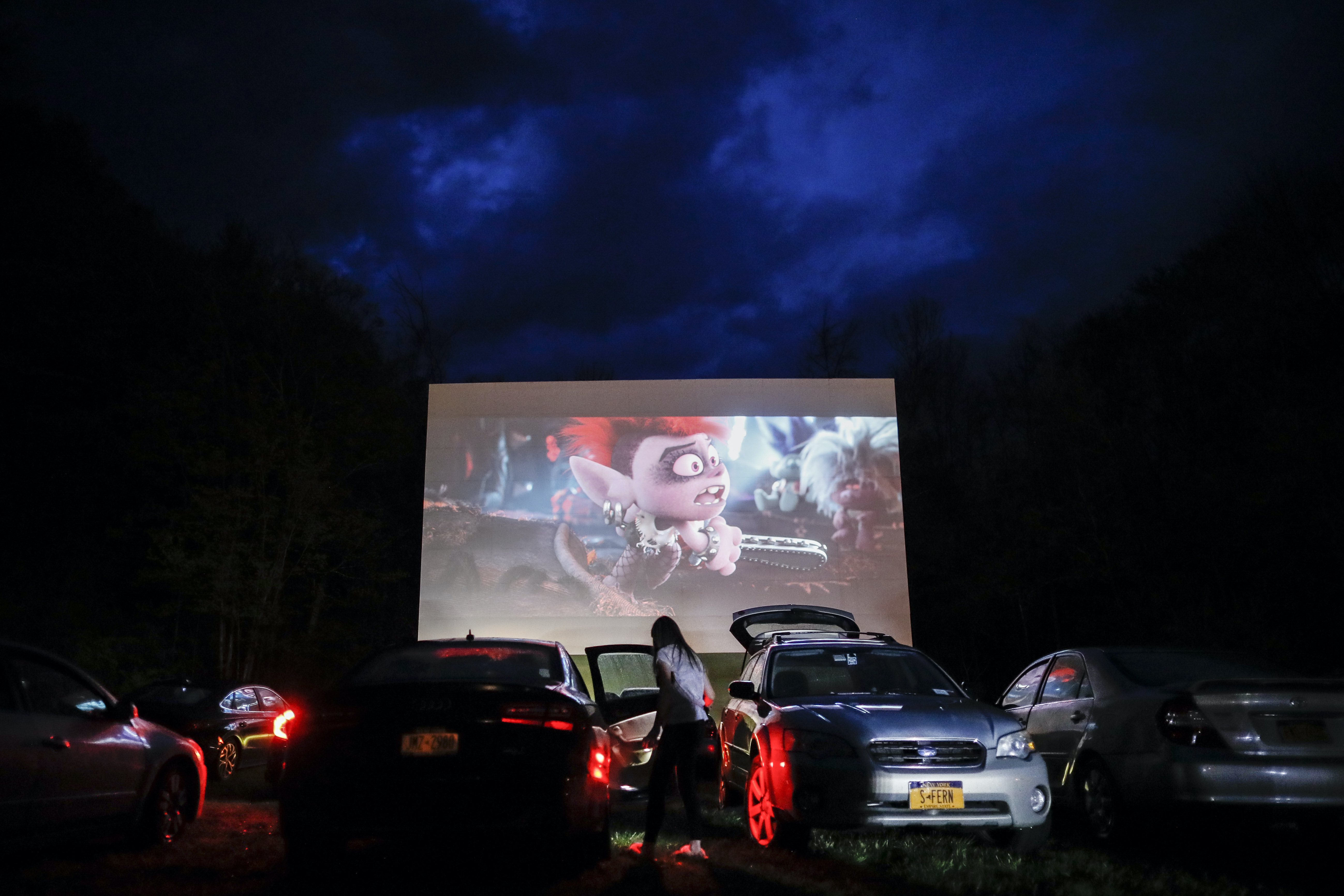 A screening of Trolls World Tour, at the Four Brothers Drive-In Theatre amid the coronavirus pandemic, in Amenia, New York, US