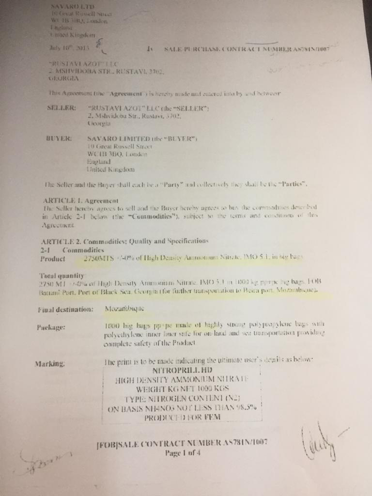 An image of the contract of the sale by Rustavi Azot to Savaro Limited [Al Jazeera]