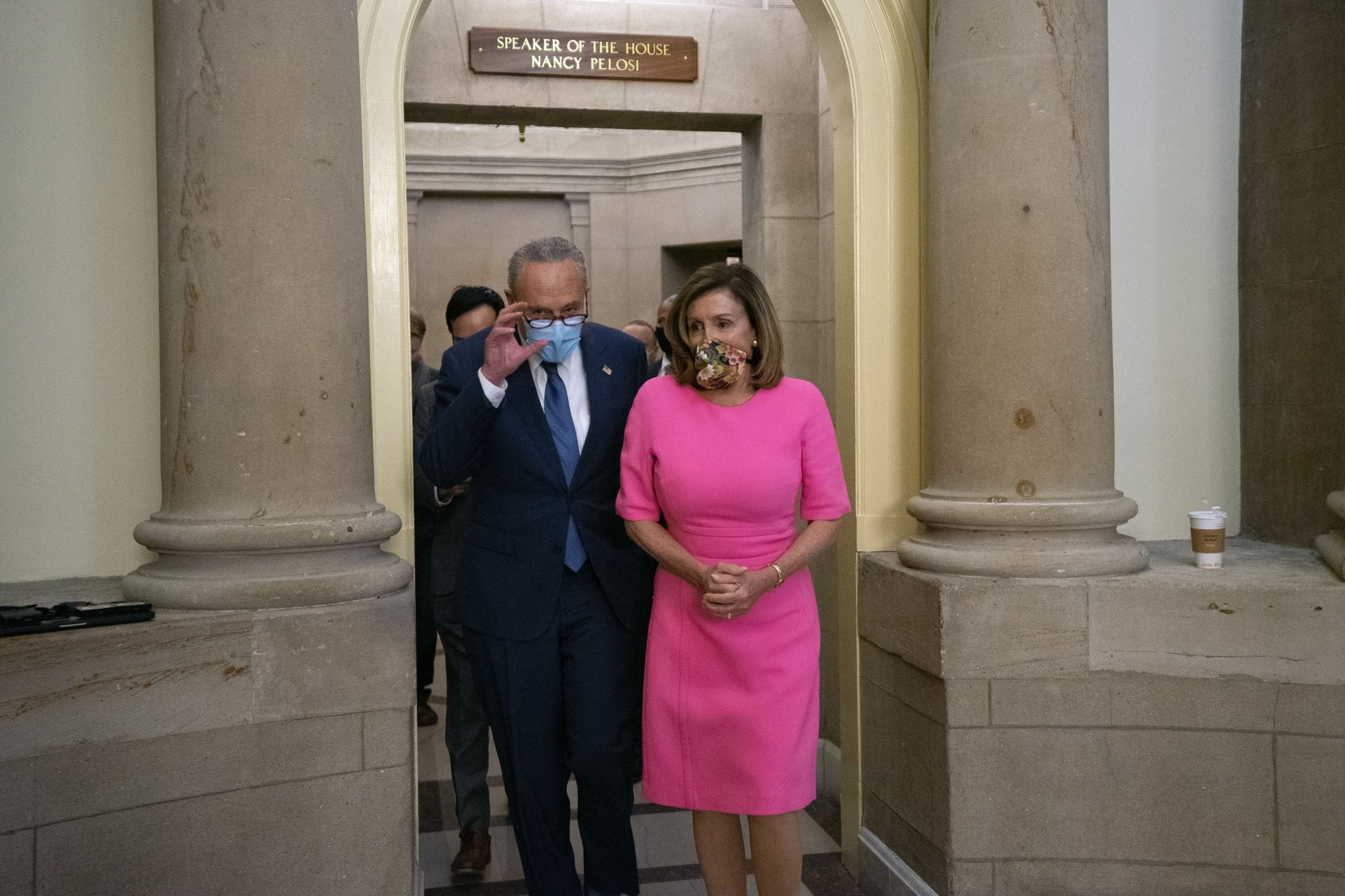 House Speaker Nancy Pelosi and Senate Majority Leader Chuck Schumer, a Democrat from New York, depart a meeting at the US Capitol in Washington, DC, on Friday, August 7, 2020
