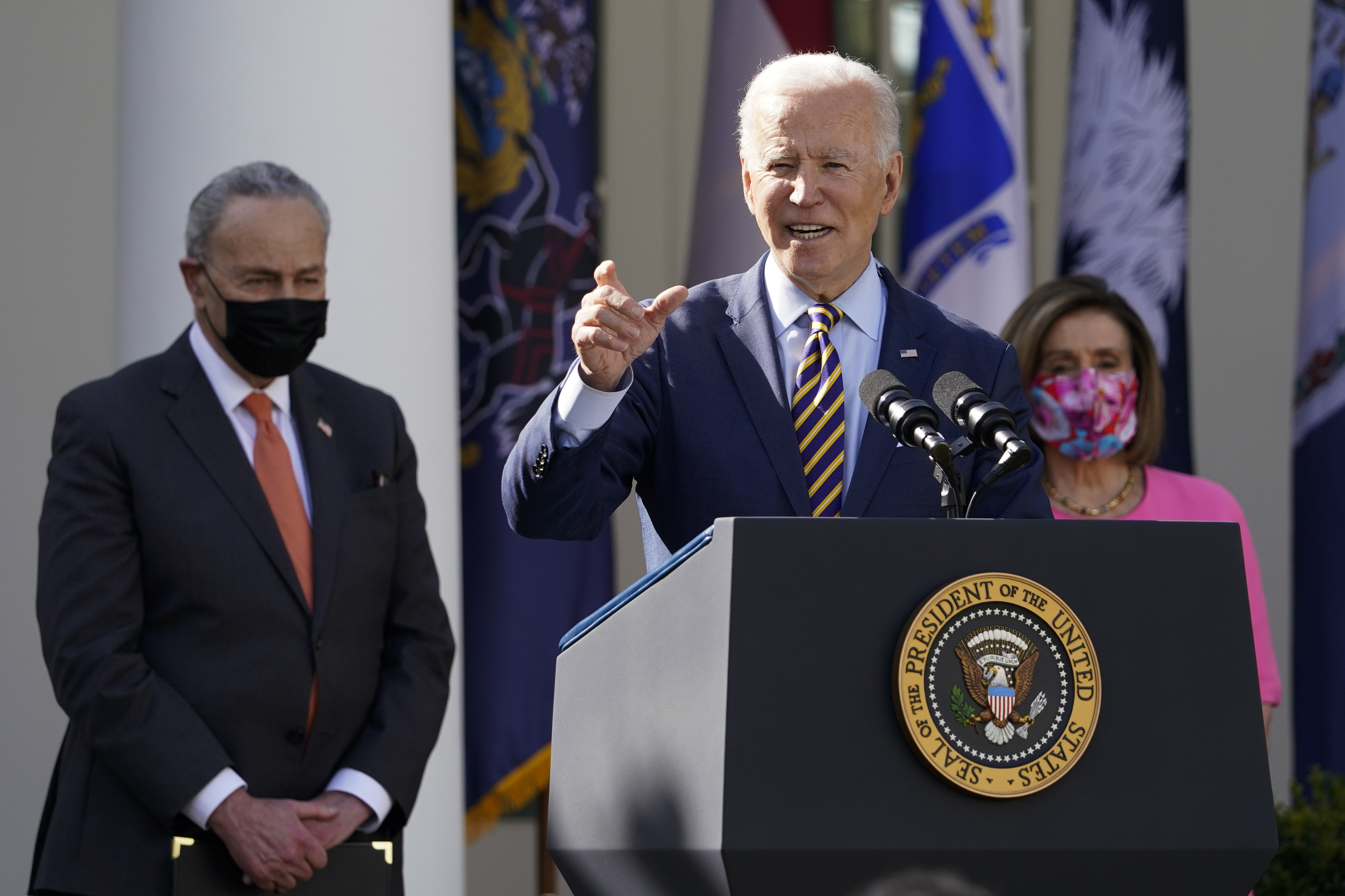 President Joe Biden speaks about the American Rescue Plan, a coronavirus relief package, at the Rose Garden of the White House, March 12, 2021 [File: Alex Brandon/AP Photo]