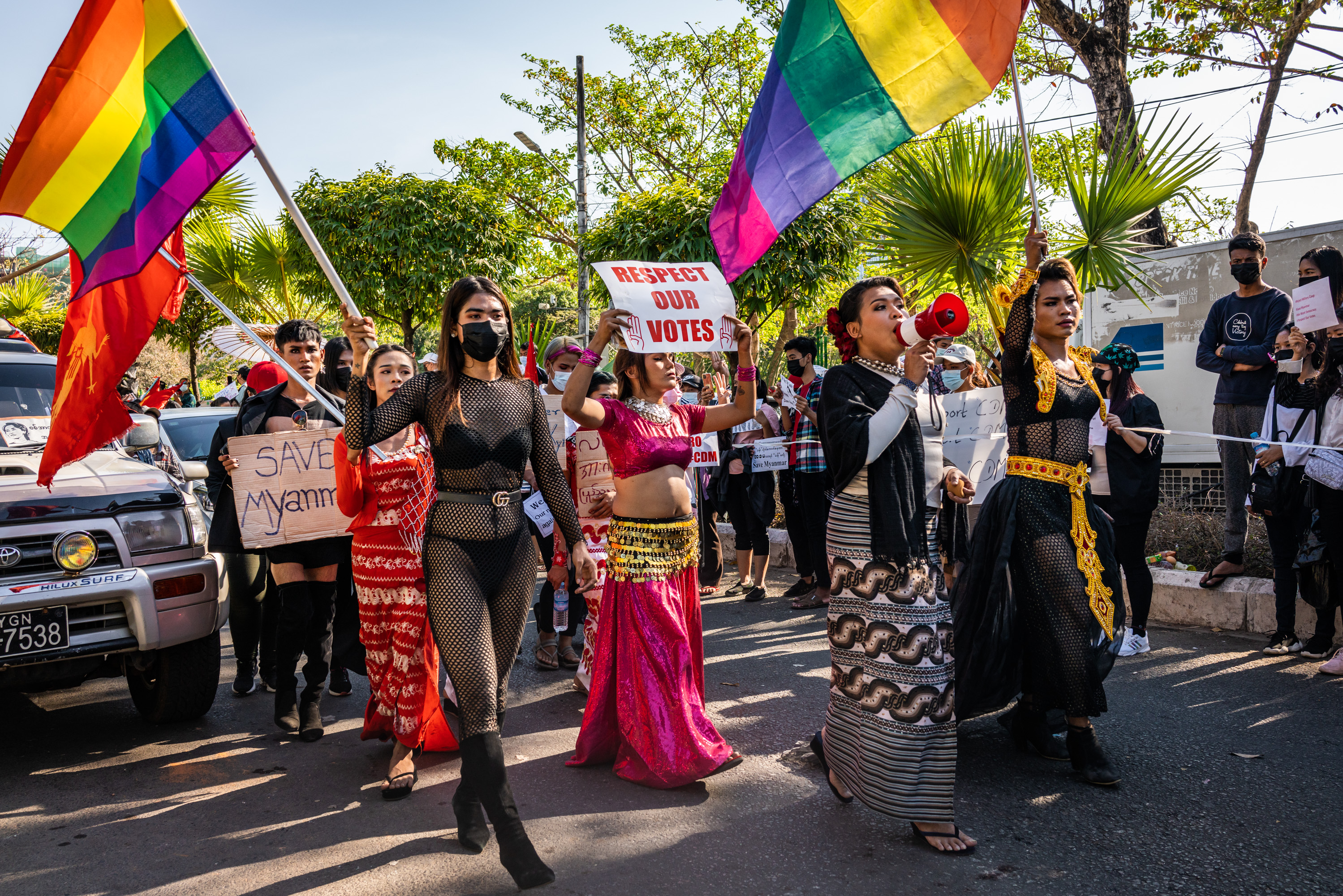 Members of the LGBTQ community join a protest against the military coup on February 11, 2021 in Yangon, Myanmar