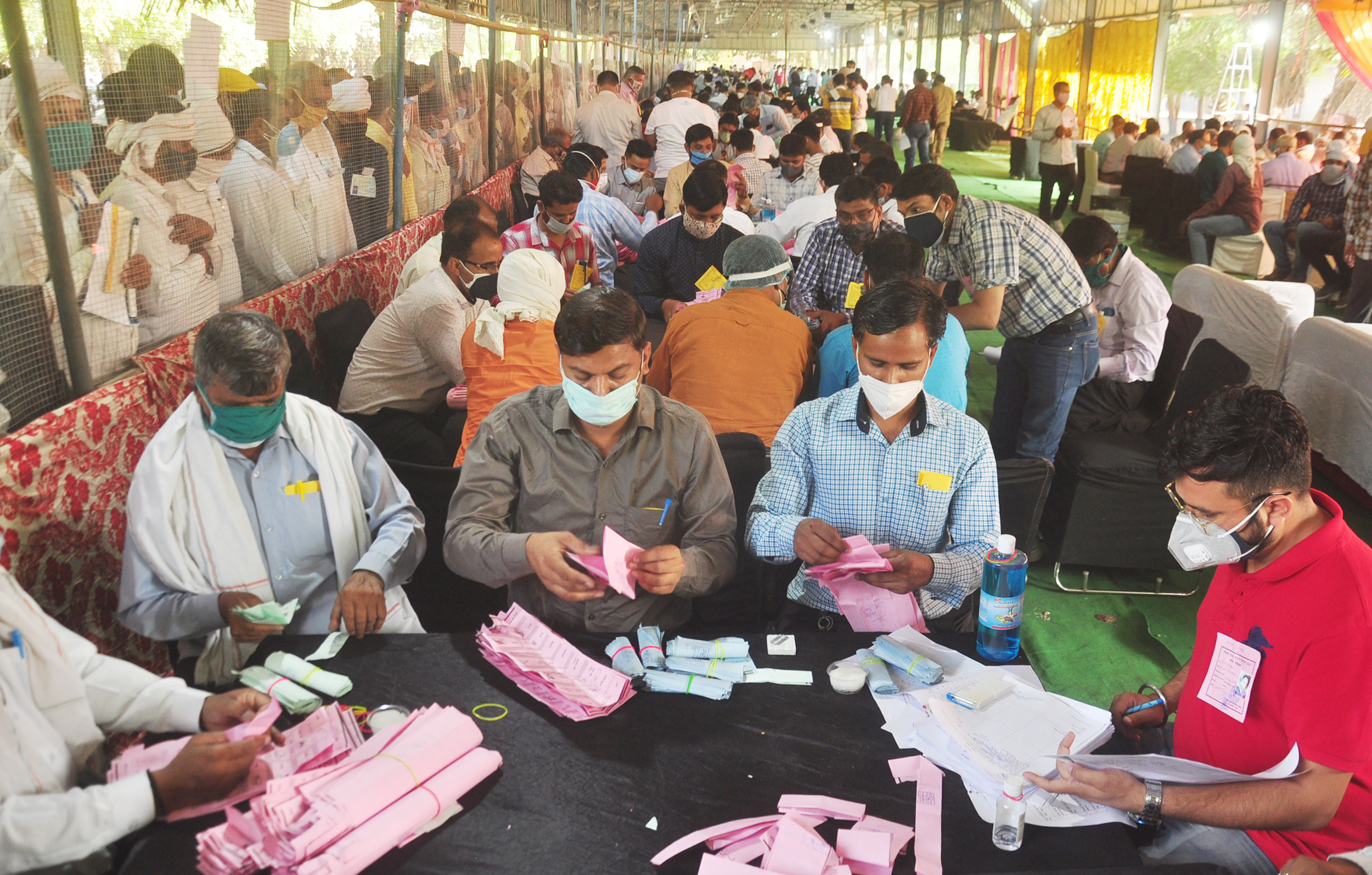 An inside view of a counting hall during the counting of votes for panchayat elections in Ghaziabad