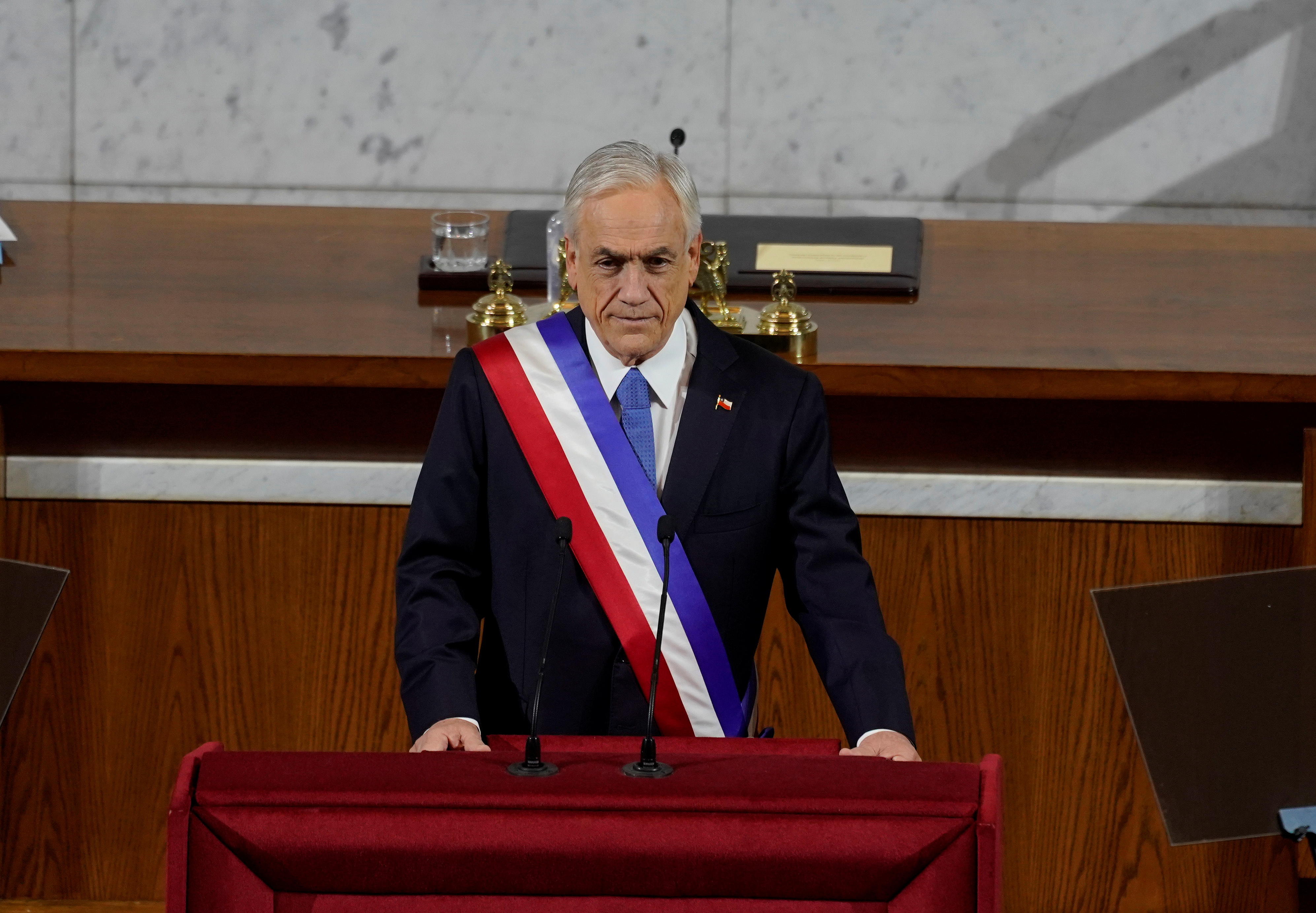 Chile's President Sebastian Pinera delivered his annual State of the Nation address on Tuesday from Congress in Valparaíso [Chile Presidency/Handout via Reuters]