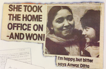 A clipping from the Rochdale Observer newspaper in 1981 about Anwar Ditta’s successful campaign to be reunited with her children who were in Pakistan. Here, she is pictured with her daughter, Samera [Photo courtesy of Anwar Ditta]