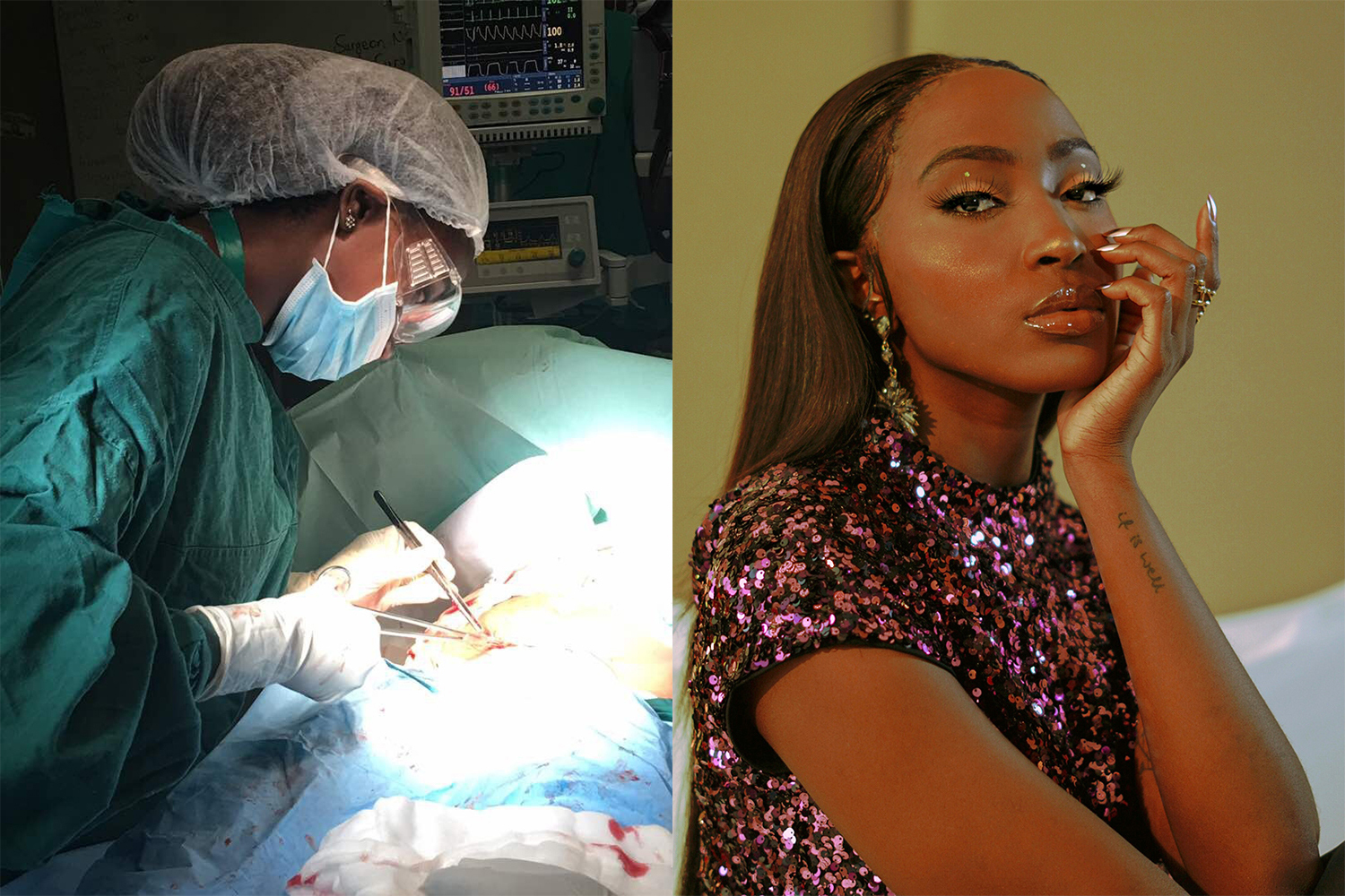 Dr La-Toya working at the hospital, left, and dressed up to perform as Lioness, right [Courtesy of La-Toya Mwoombola]