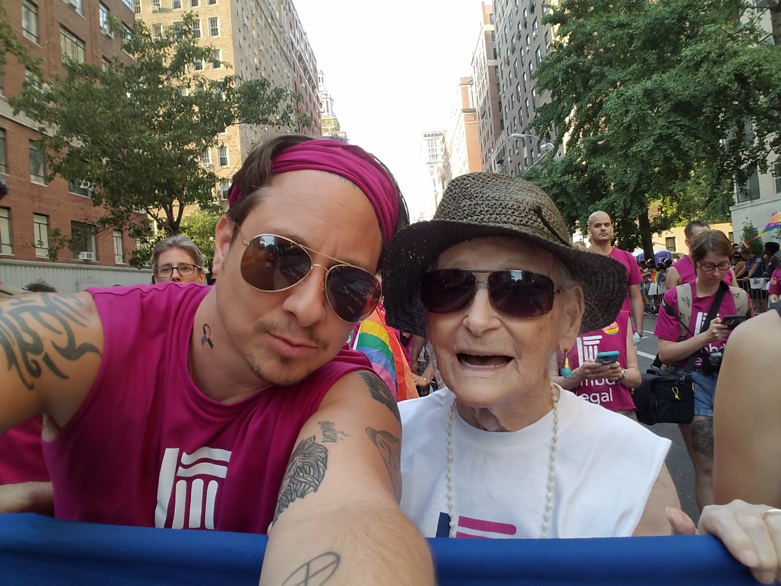 Robina marching in the New York City Pride Parade with Dru Levasseur, the lawyer who helped her fight for her widow benefits [Photo courtesy of Dru Levasseur]