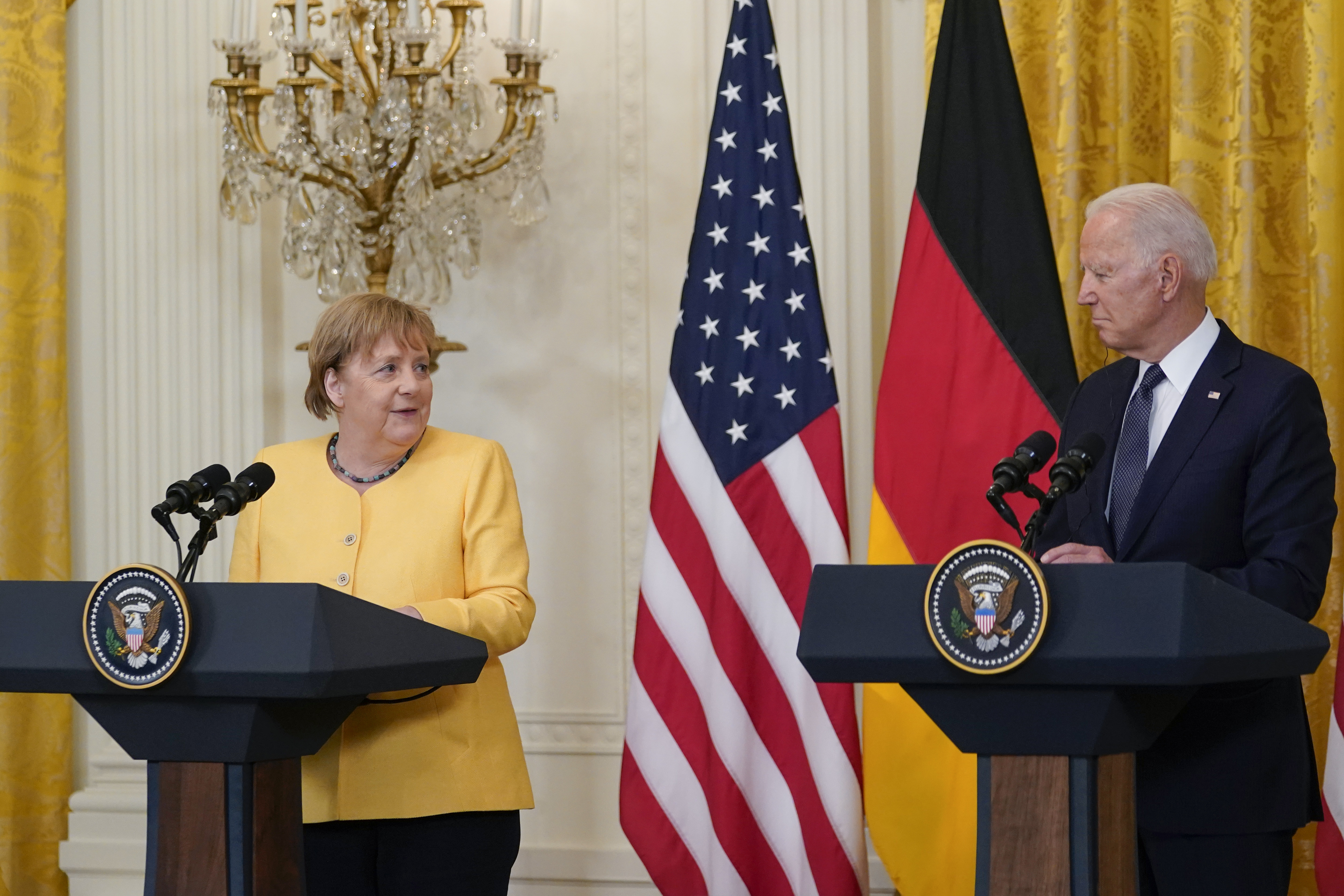 President Joe Biden and German Chancellor Angela Merkel held a joint news conference in during what is likely Merkel's last visit to Washington as head of state. [Susan Walsh/The Associated Press]
